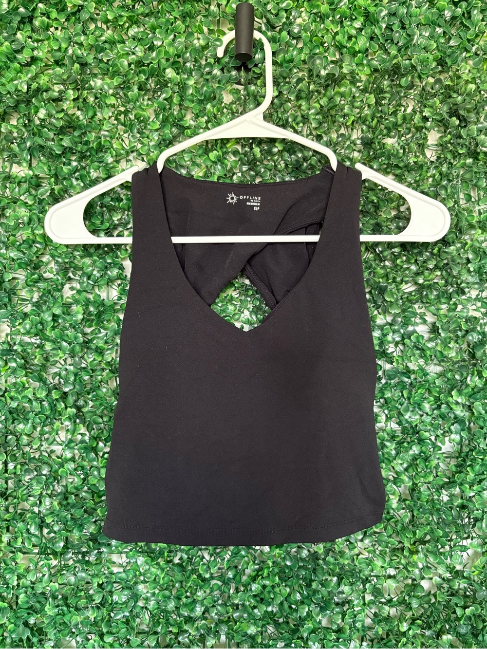 aerie OFFLINE Black Cropped V-Neck Tank with Cross-Back and built in bra